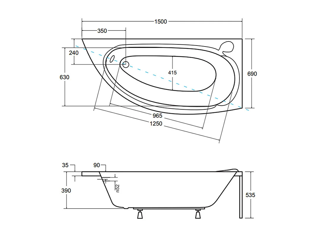 Hoekbad MINI 150x70 rechts met piepschuim bekleding | Afvoer &amp; poten GRATIS!