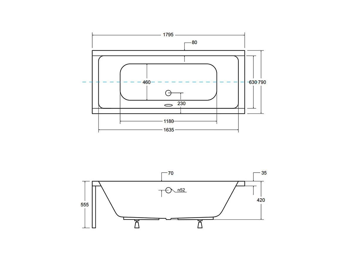Badewanne Rechteck QUADRO 180x80 + Bambus Badewannenablage + Kopfstütze KODI | Ablauf & Füße GRATIS !