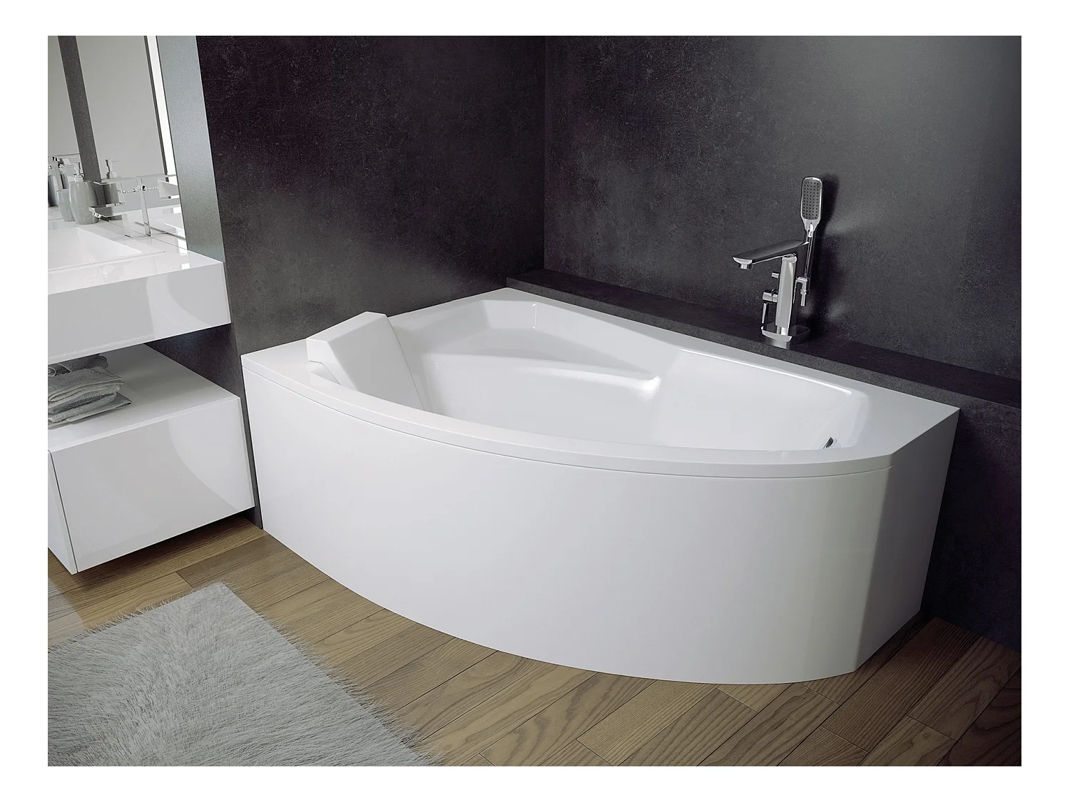 Badewanne Eckwanne RIMA 160x100 Links mit AcrylSchürze und weißer Kopfstützen | Ablauf & Füße GRATIS !