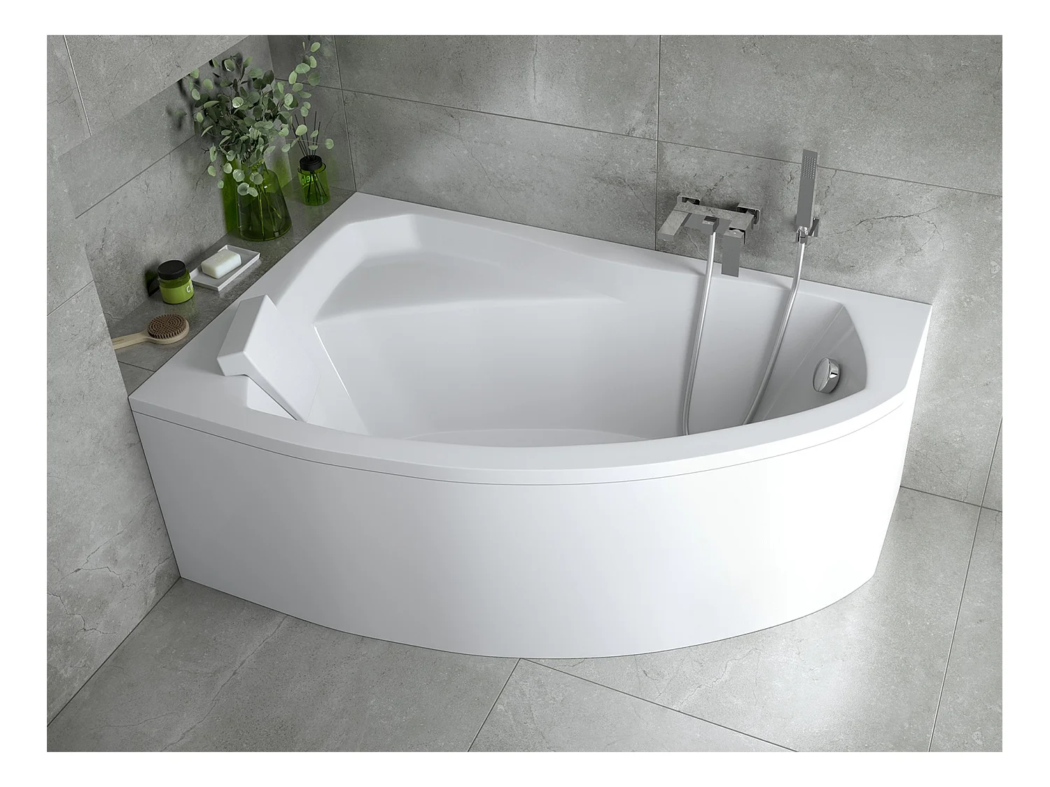 Badewanne Eckwanne RIMA 160x100 Links mit AcrylSchürze und weißer Kopfstützen | Ablauf & Füße GRATIS !