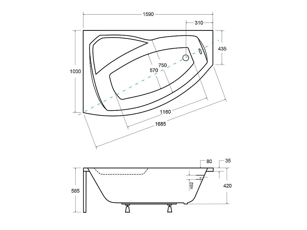 Hoekbadkuip RIMA 160x100 links met acrylschort en witte hoofdsteunen | Afvoer &amp; voeten GRATIS!