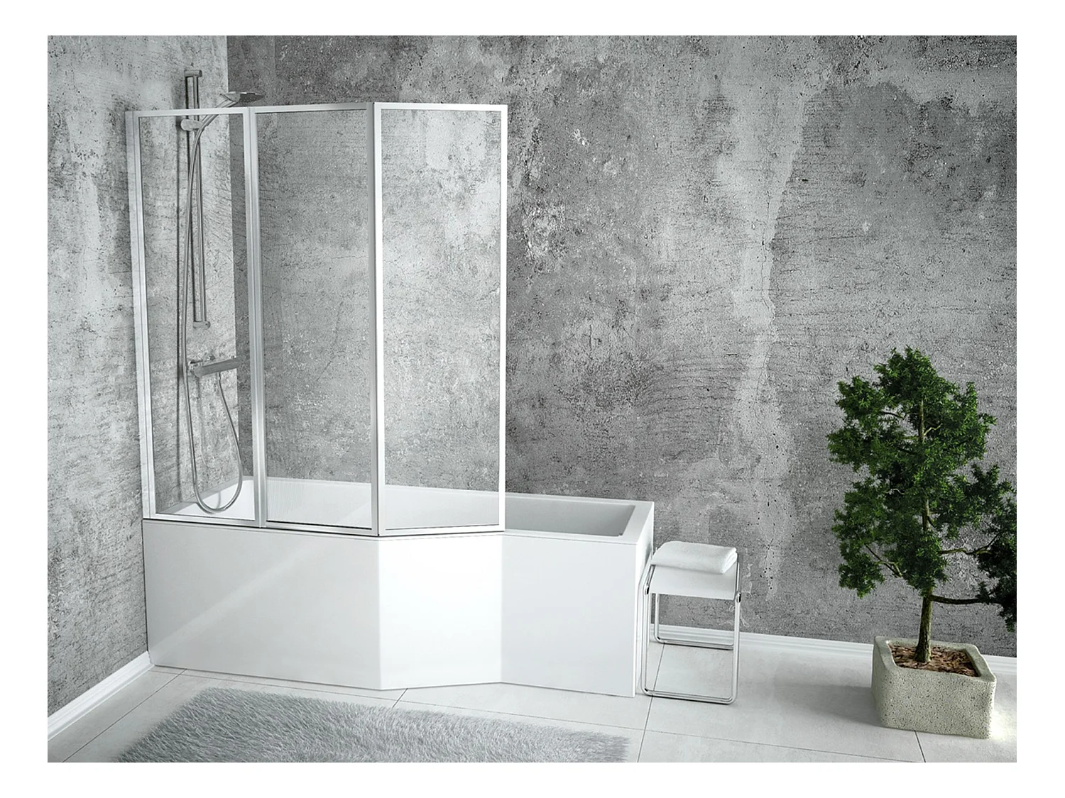 Baignoire asymétrique 170x75 Gauche INTEGRA acrylique blanc, sans Habillage + Écran + Pieds + Vidage à chromé