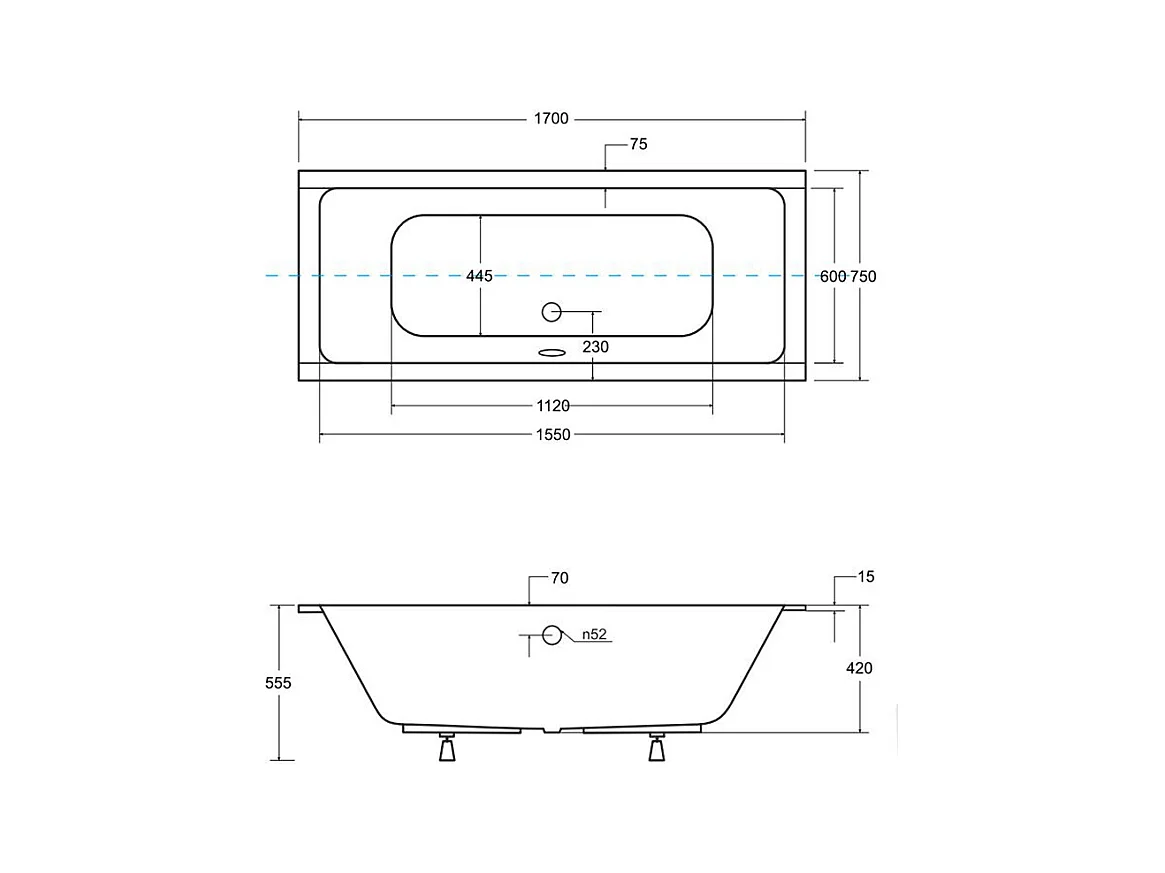 Rechthoekige badkuip QUADRO SLIM 170x75 | Afvoer &amp; poten GRATIS!