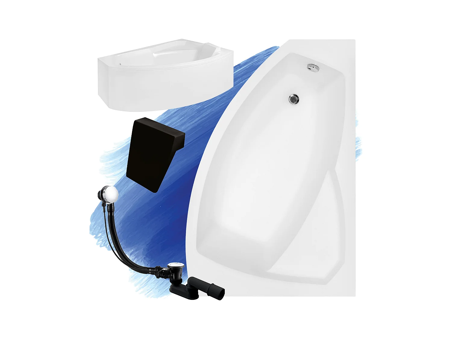 Hoekbad RIMA 170x110 rechts met acrylschort en zwarte hoofdsteunen | Afvoer &amp; voeten GRATIS!