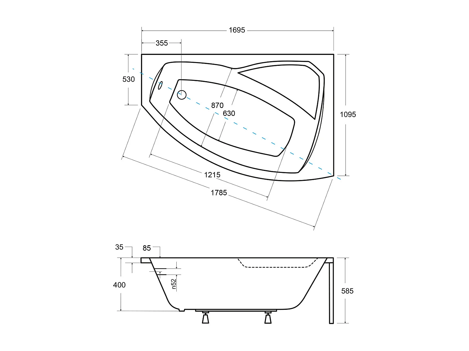 Badewanne Eckwanne RIMA 170x110 Rechts mit AcrylSchürze und schwarzer Kopfstützen | Ablauf & Füße GRATIS !