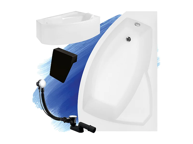 Badewanne Eckwanne RIMA 170x110 Rechts mit AcrylSchürze und schwarzer Kopfstützen | Ablauf & Füße GRATIS !