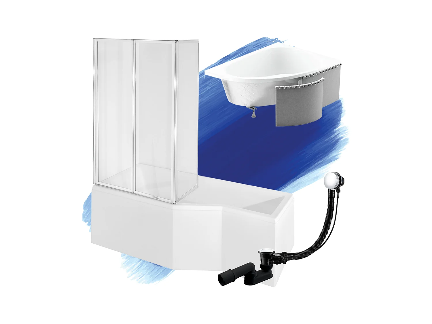 Badewanne Eckwanne INTEGRA 170x75 Links mit Styroporverkleidung und Glasabtrennung 3-teilig | Ablauf & Füße GRATIS !