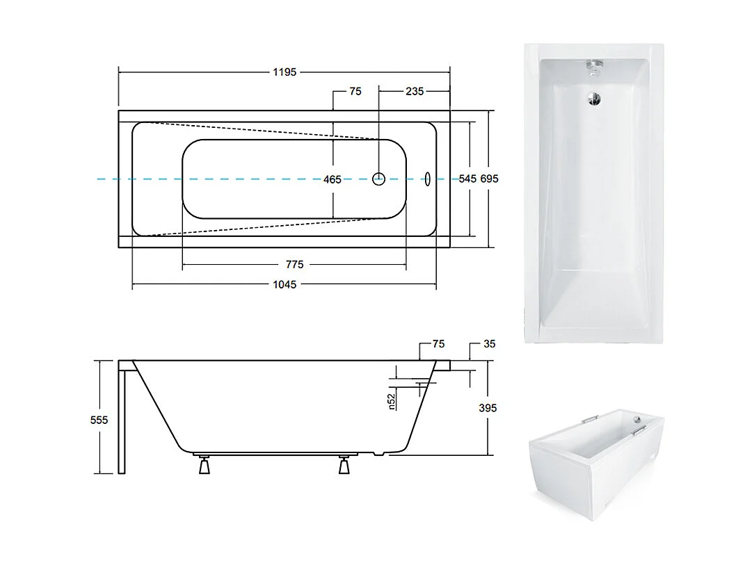 Badewanne Rechteck MODERN 120x70  + Kopfstütze KODI | Ablauf & Füße GRATIS !