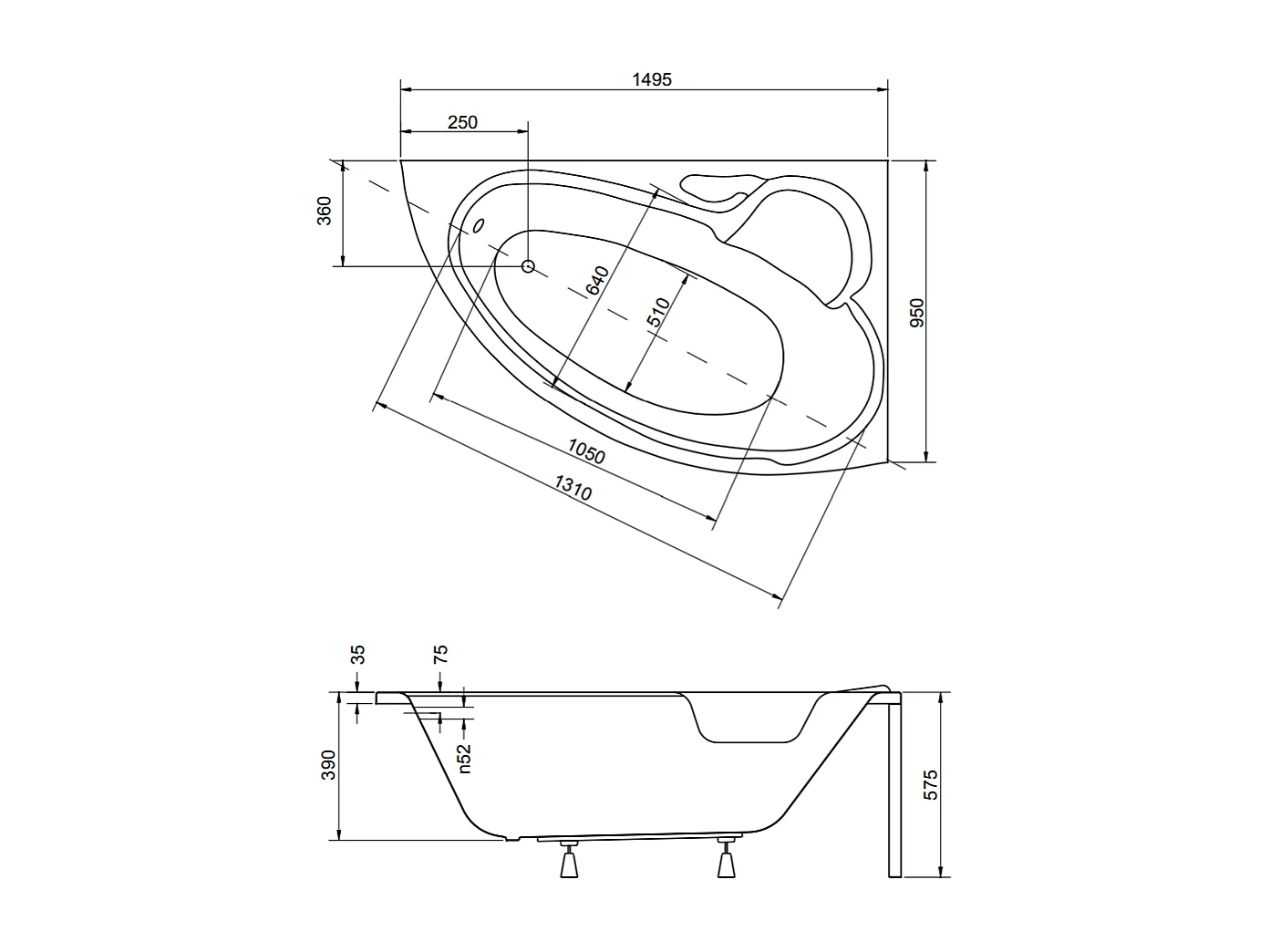Hoekbadkuip BIANKA 150x95 rechts met piepschuim bekleding | Afvoer & voeten GRATIS!