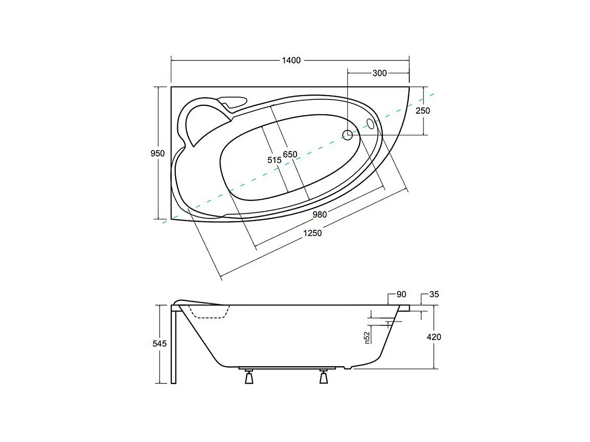 Hoekbadkuip FINEZJA 140x95 links | Afvoer &amp; poten GRATIS!