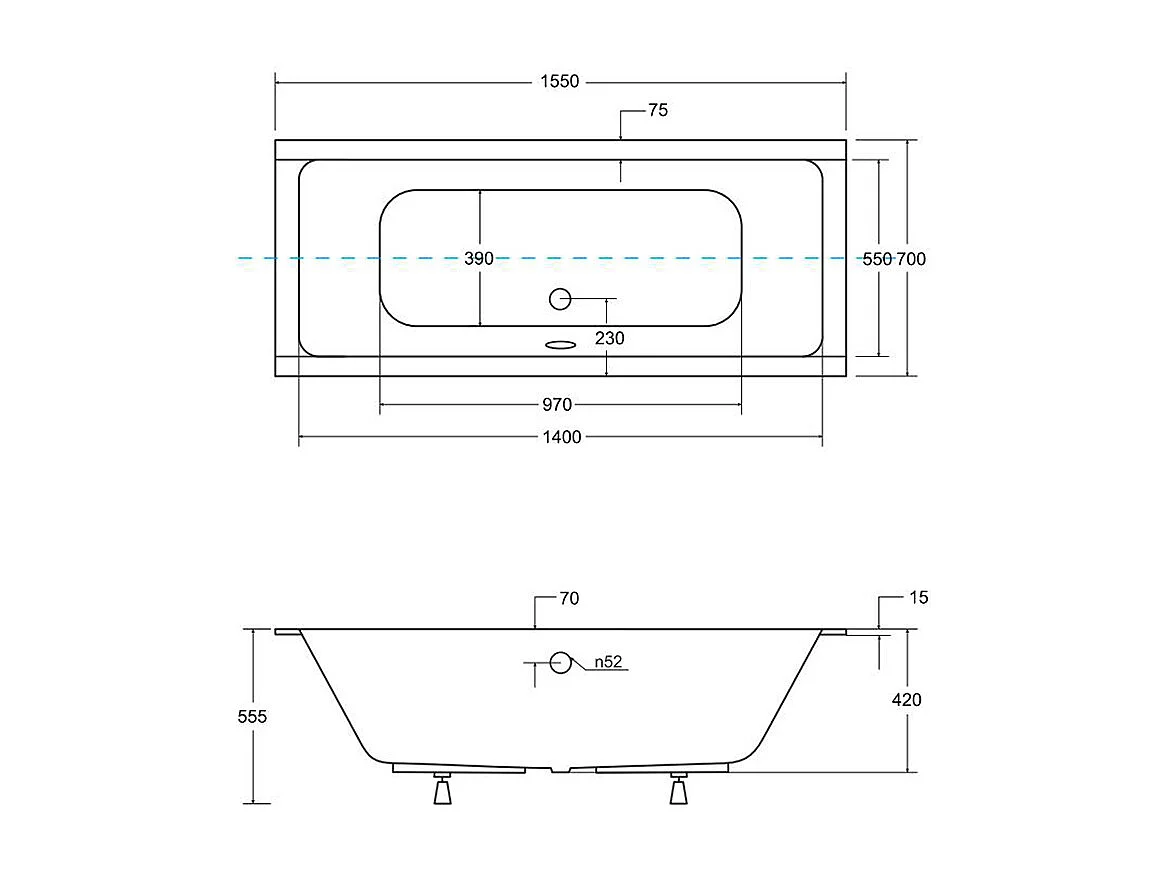 Baignoire rectangulaire 155x70 QUADRO SLIM acrylique blanc + Habillage en polystyrène + Pieds + Vidage à chromé