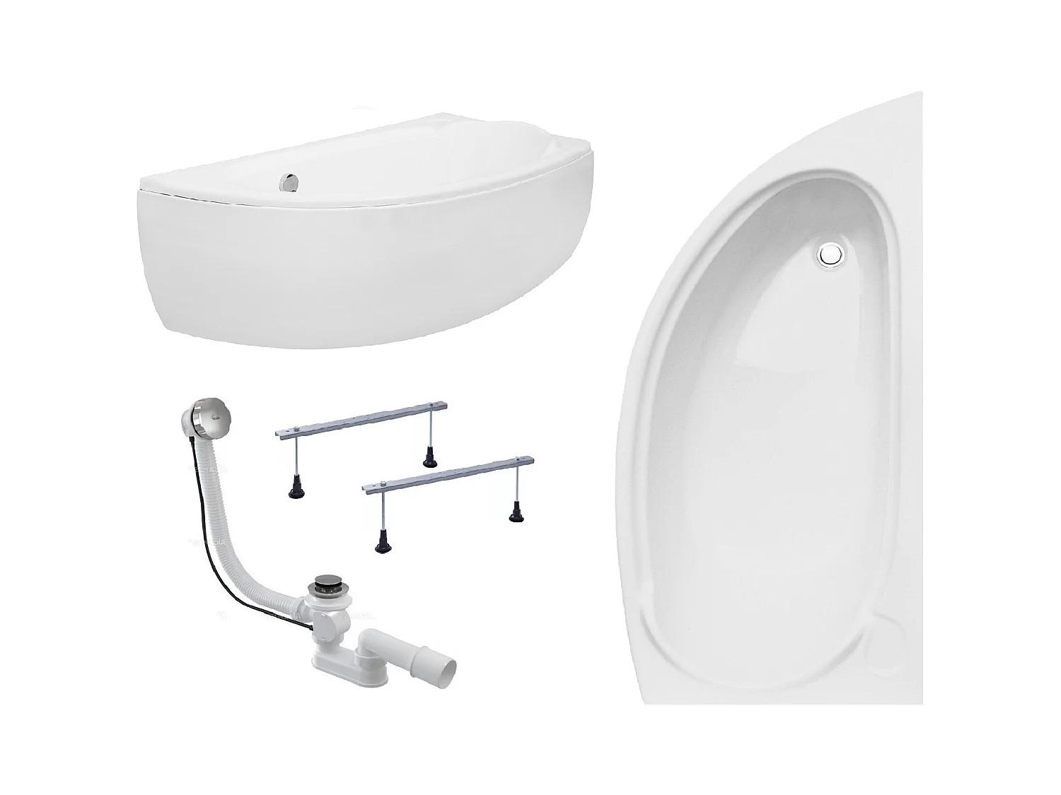 Baignoire asymétrique 150x70 Droite MINI acrylique blanc + avec Tablier + Pieds + Vidage à chromé