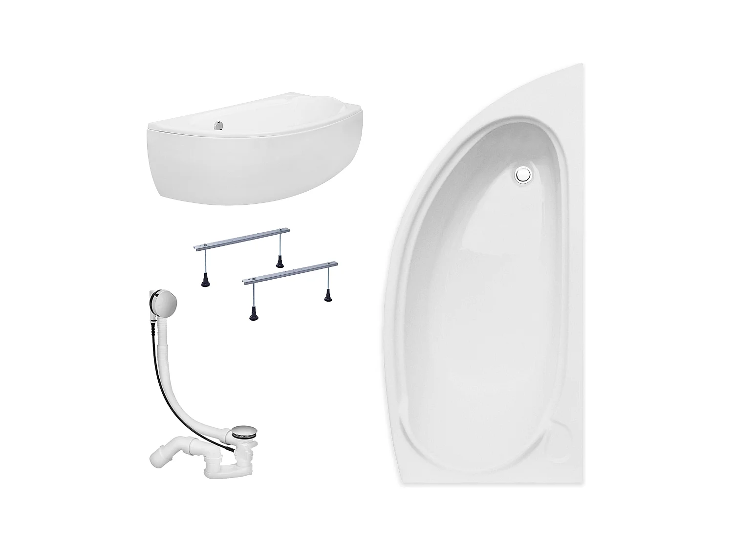 Baignoire asymétrique 150x70 Droite MINI acrylique blanc + avec Tablier + Pieds + Vidage à chromé