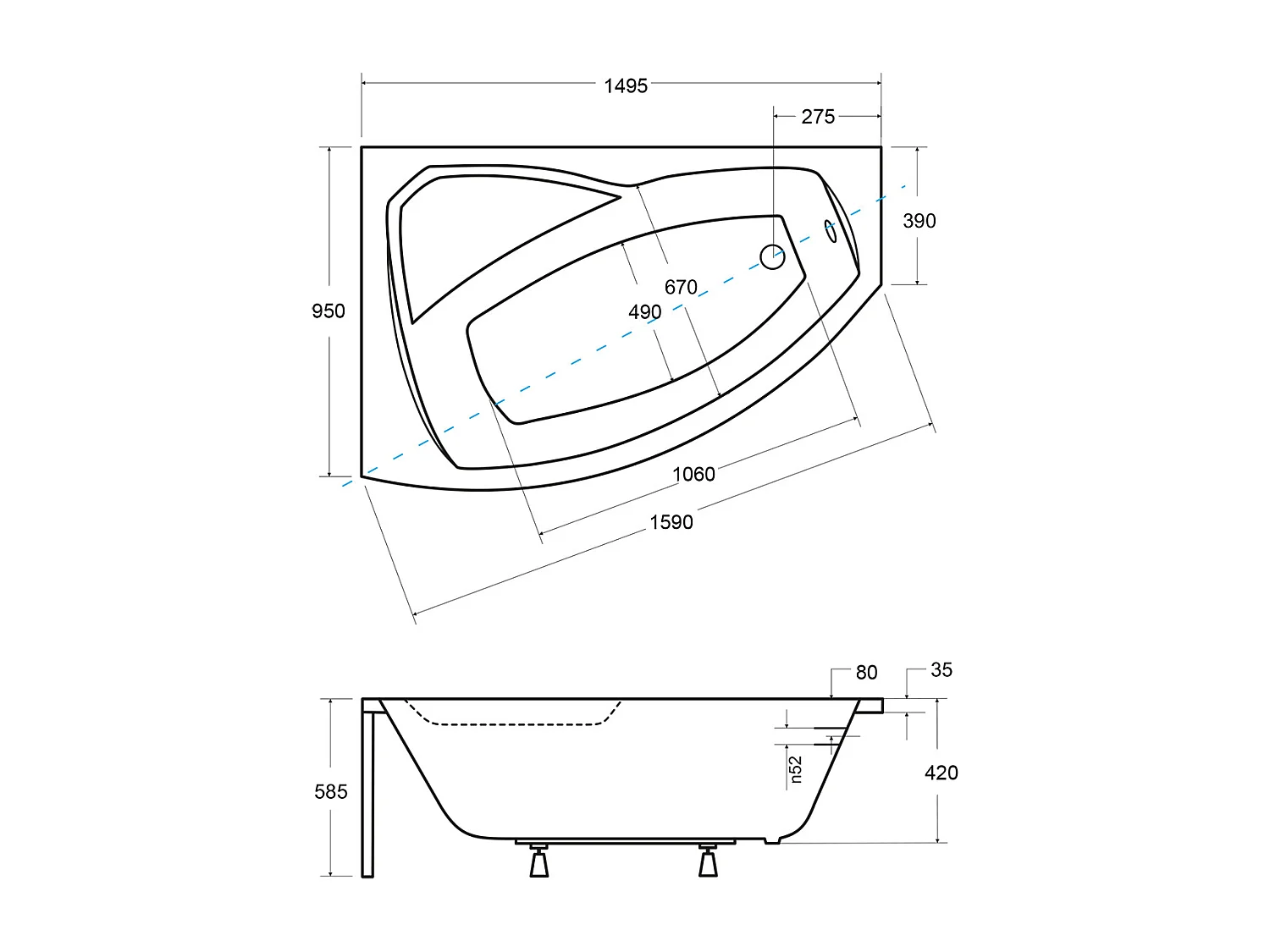 Badewanne Eckwanne RIMA 150x95 Links mit AcrylSchürze und schwarzer Kopfstützen | Ablauf & Füße GRATIS !