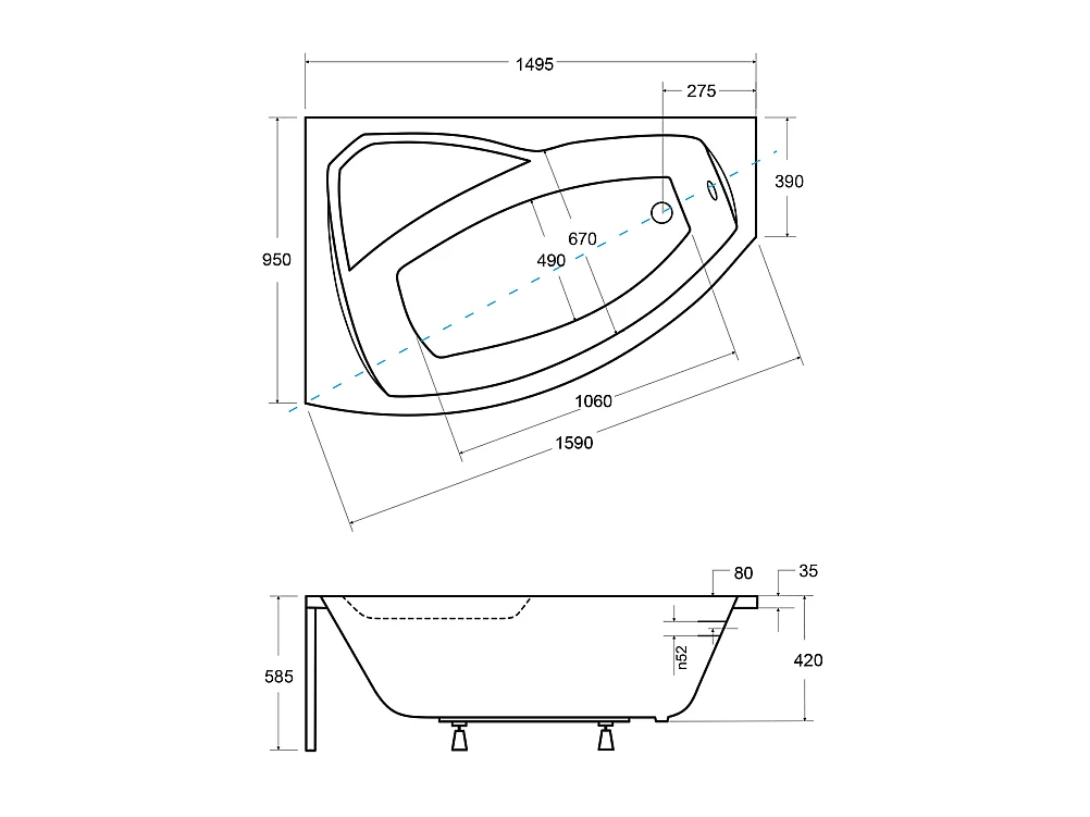 Badewanne Eckwanne RIMA 150x95 Links mit AcrylSchürze und schwarzer Kopfstützen | Ablauf & Füße GRATIS !
