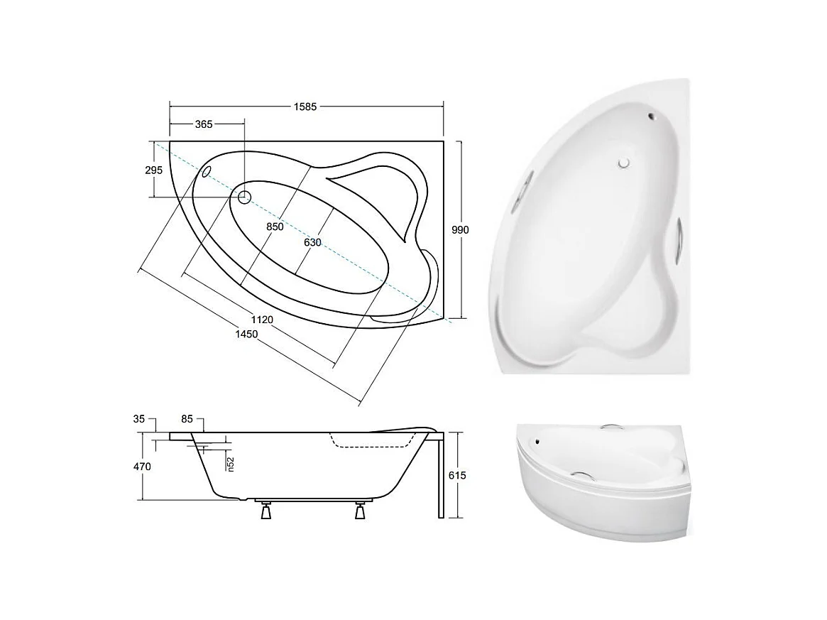 Baignoire asymétrique 160x100 Droite ADA acrylique blanc, sans Habillage + Pieds + Vidage à chromé