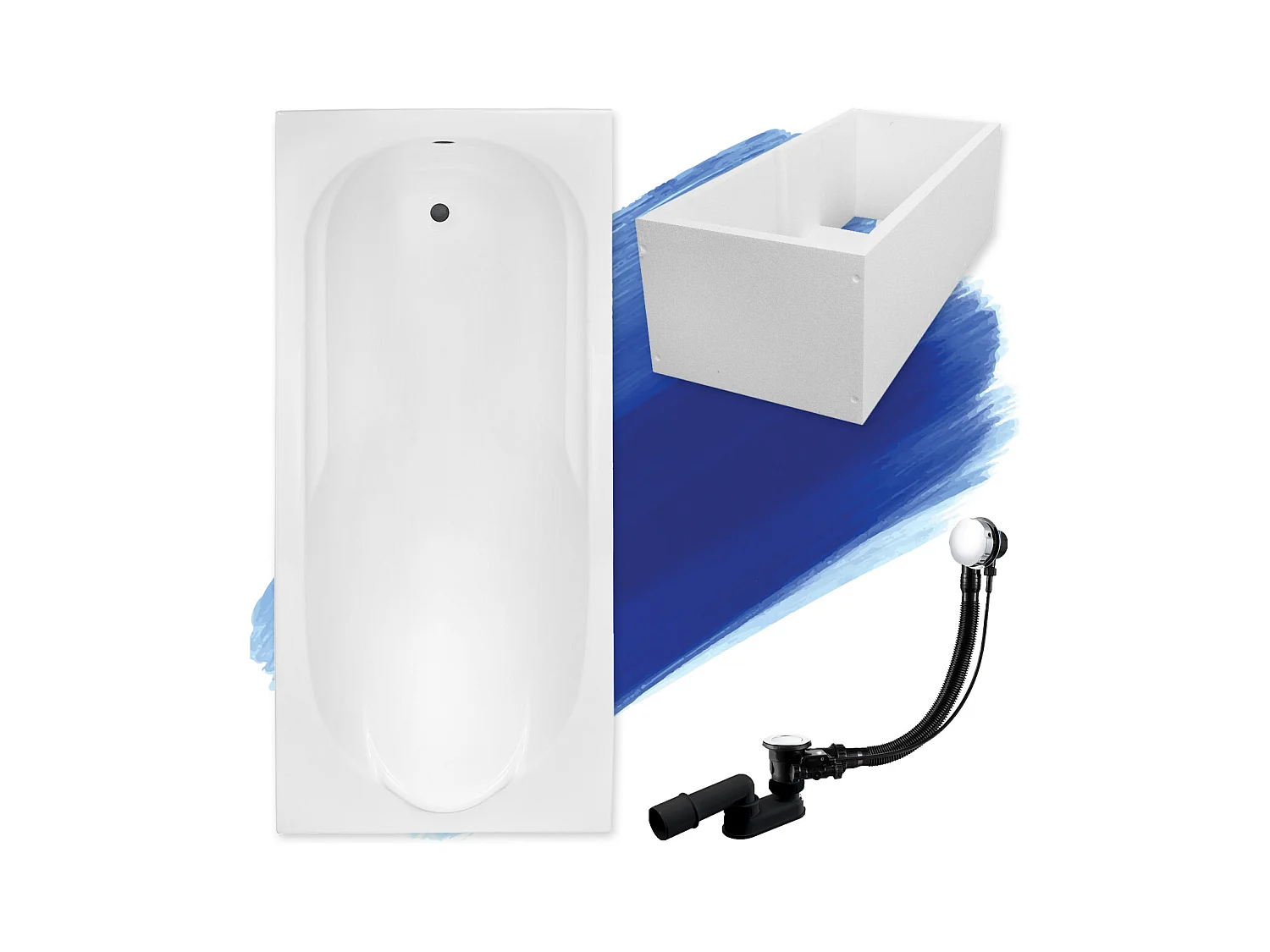 Baignoire rectangulaire 150x70 BONA acrylique blanc + Support stabilisateur en polystyrène + Pieds + Vidage à chromé