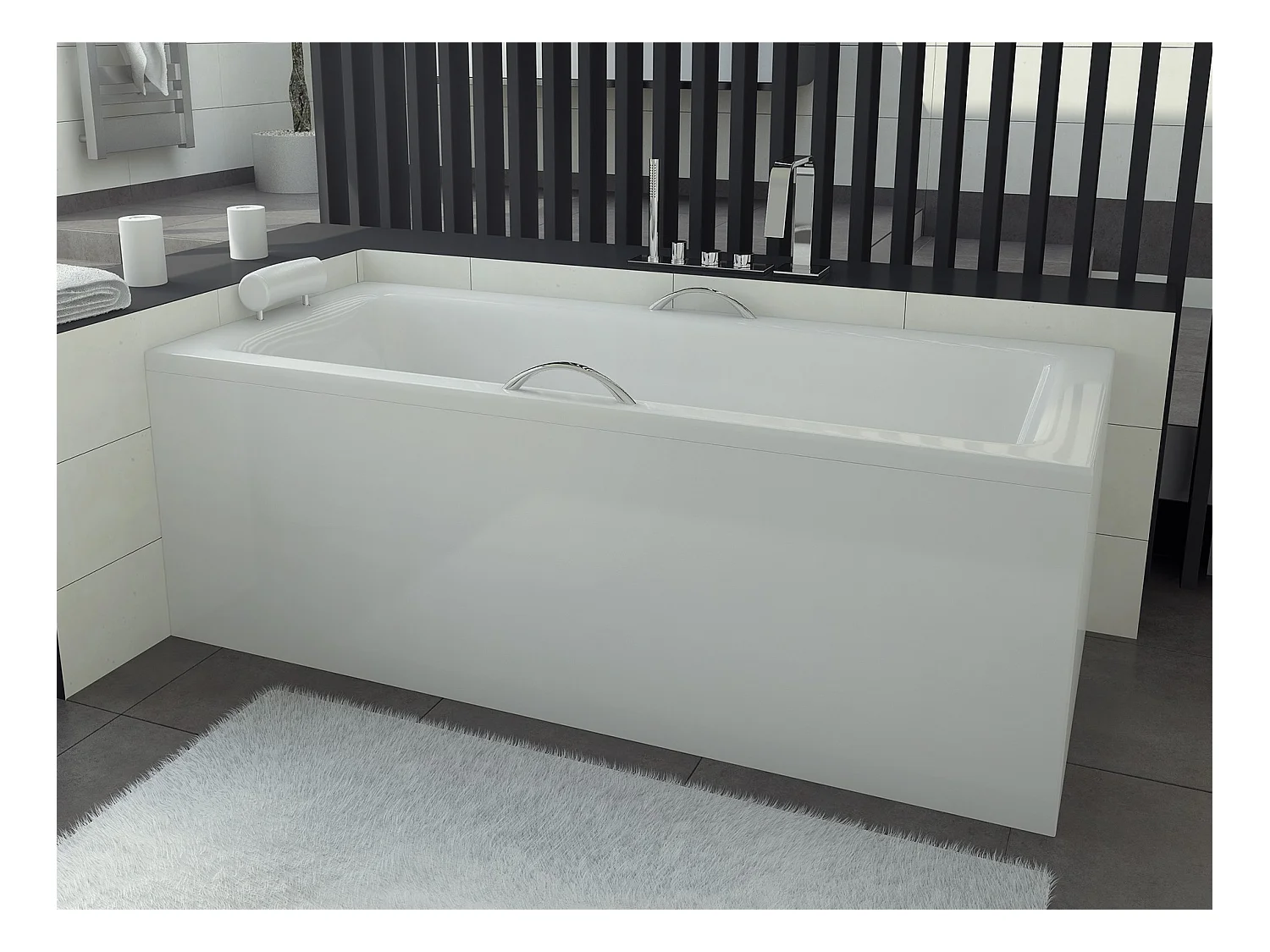 Baignoire rectangulaire 170x75 TALIA PREMIUM acrylique blanc + avec Tablier + Poignées + Repose Tête + Pieds + Vidage à chromé