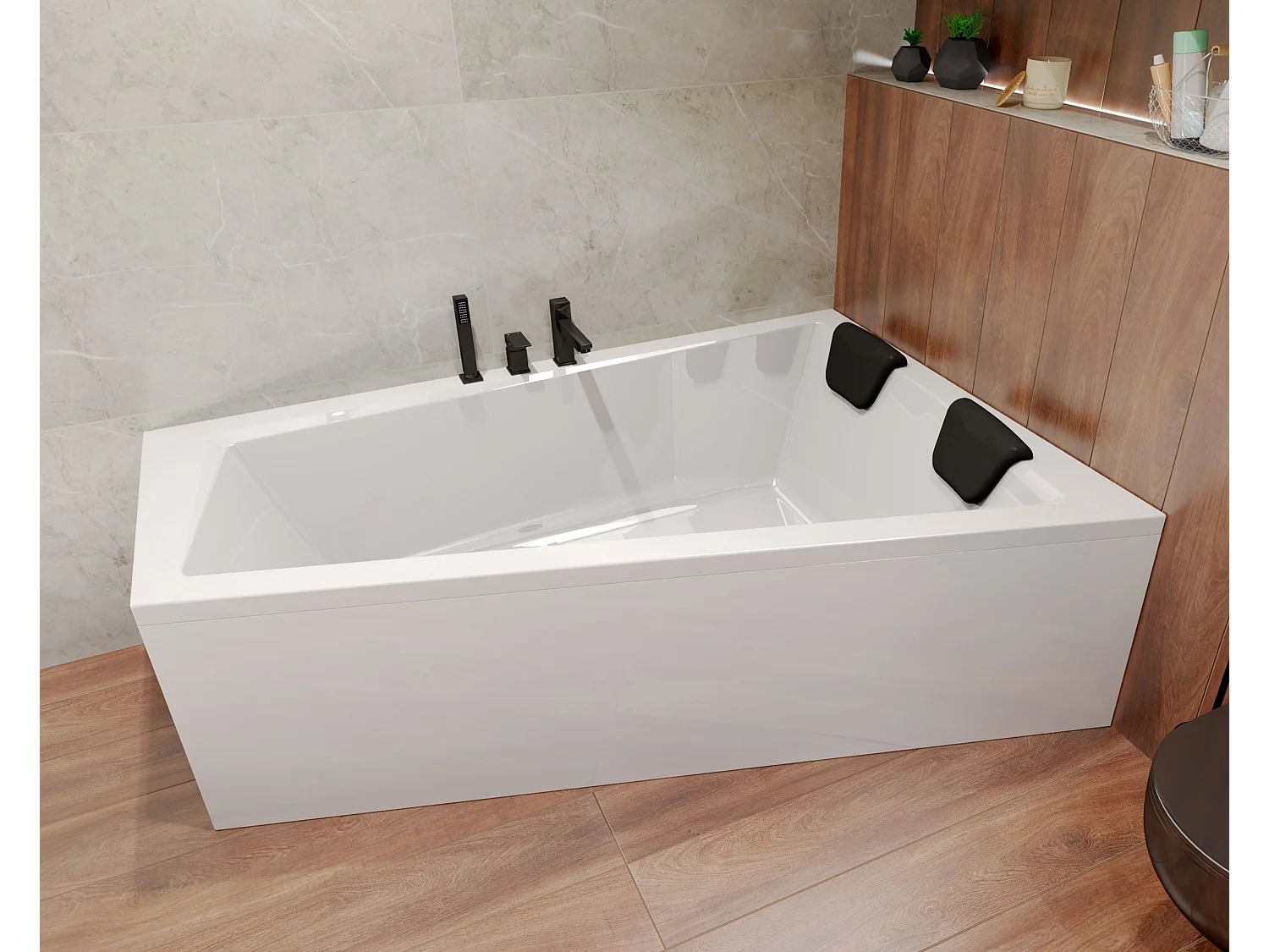 Baignoire asymétrique 150x85 Droite INTIMA acrylique blanc, sans Habillage + Repose Tête + Pieds + Vidage à chromé