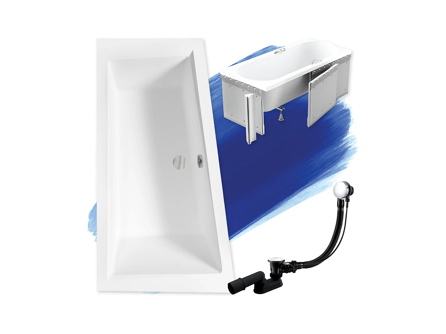 Baignoire asymétrique 150x85 Gauche INTIMA acrylique blanc + Habillage en polystyrène + Pieds + Vidage à chromé