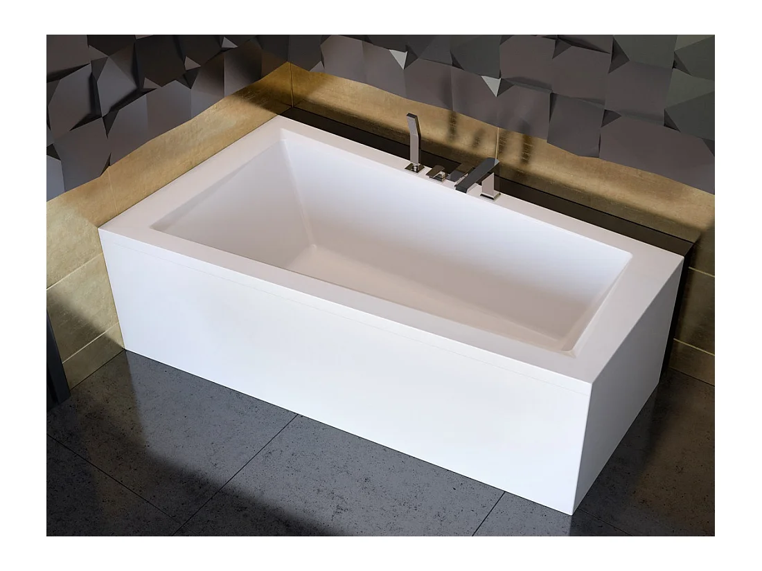 Baignoire asymétrique 150x85 Gauche INTIMA acrylique blanc + Habillage en polystyrène + Pieds + Vidage à chromé