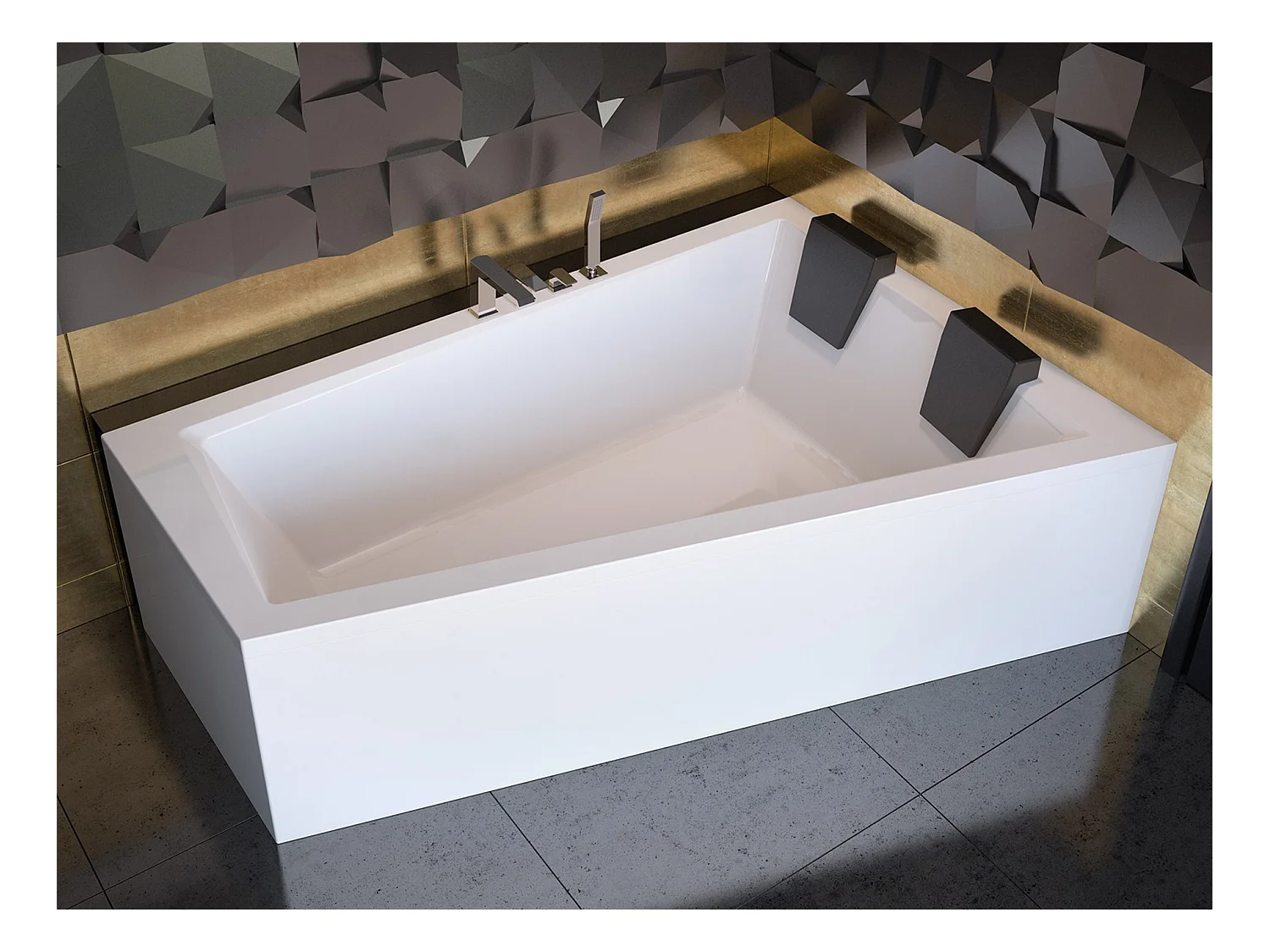 Baignoire asymétrique 180x125 Droite INTIMA acrylique blanc + avec Tablier + Repose Tête + Pieds + Vidage à chromé