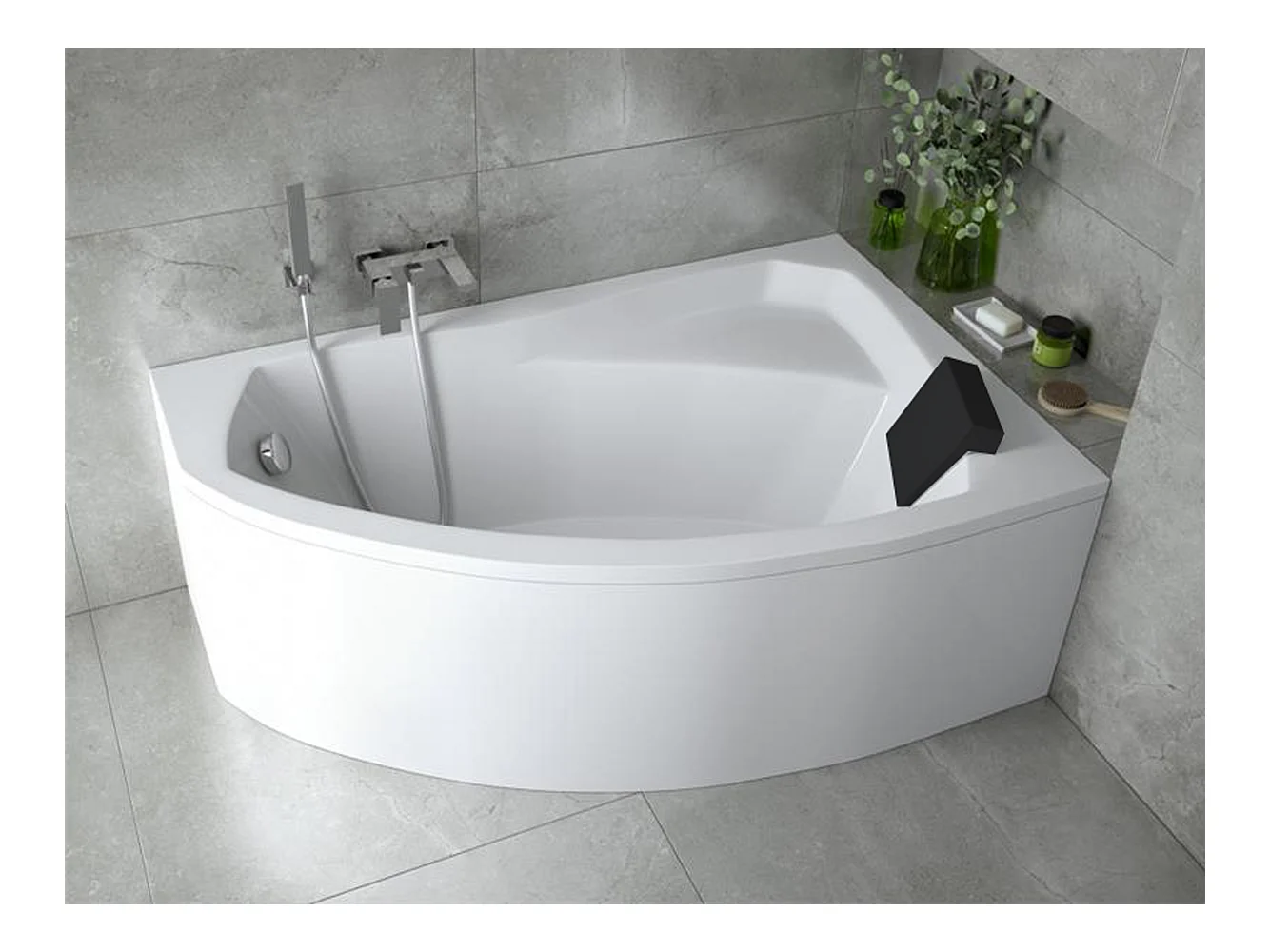 Badewanne Eckwanne RIMA 160x100 Rechts mit Styroporverkleidung und schwarzer Kopfstützen | Ablauf & Füße GRATIS !