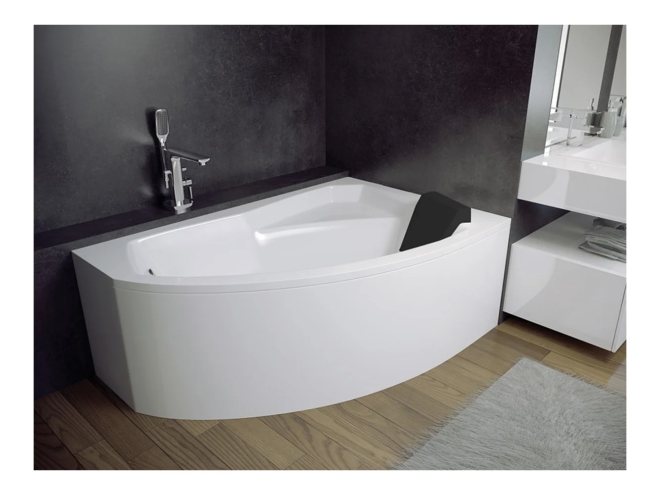 Badewanne Eckwanne RIMA 160x100 Rechts mit Styroporverkleidung und schwarzer Kopfstützen | Ablauf & Füße GRATIS !