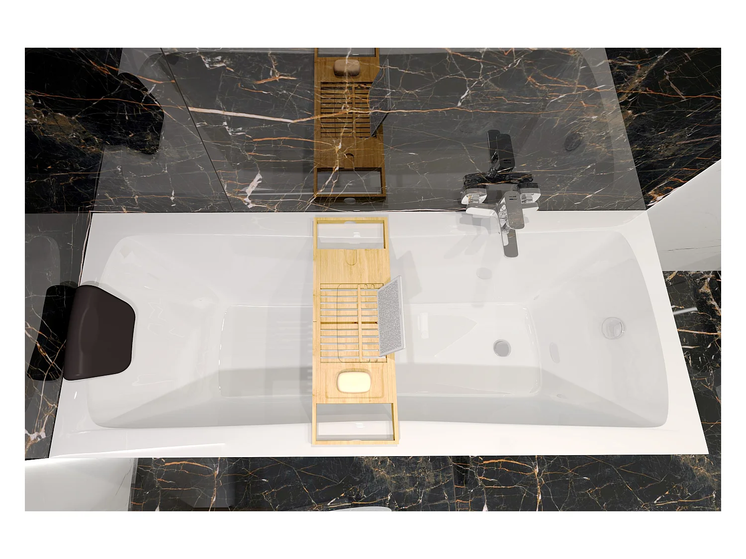 Baignoire rectangulaire 140x70 OPTIMA acrylique blanc, sans Habillage + Repose Tête + Étagère bambou + Pieds + Vidage à chromé