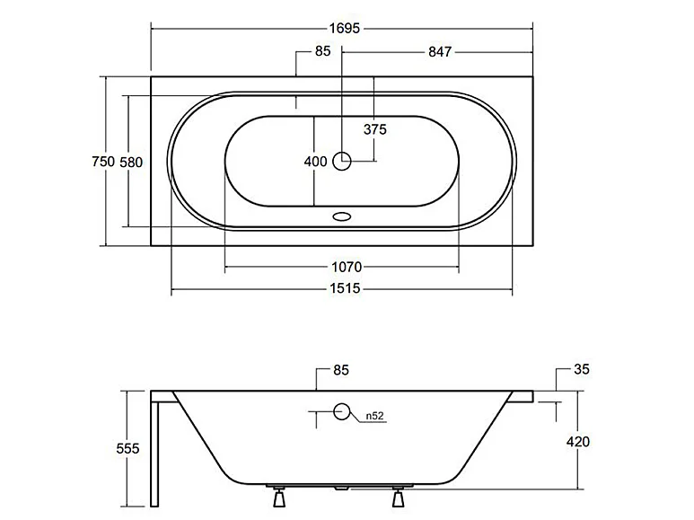 Badewanne Rechteck VITAE 170x75 mit AcrylSchürze | Ablauf & Füße GRATIS !