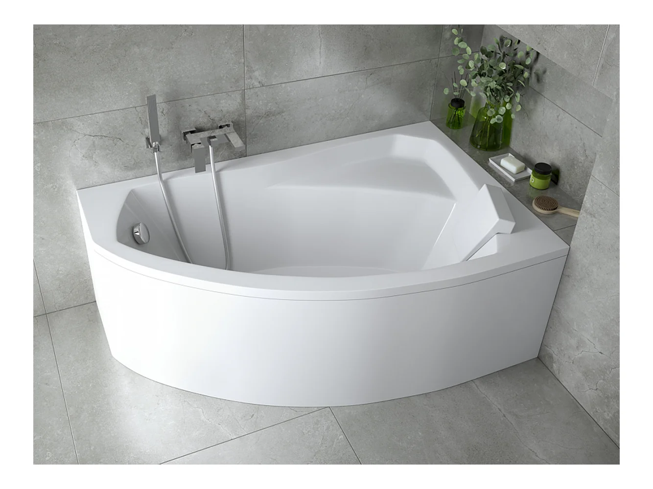 Badewanne Eckwanne RIMA 130x85 Rechts mit weißer Kopfstützen | Ablauf & Füße GRATIS !