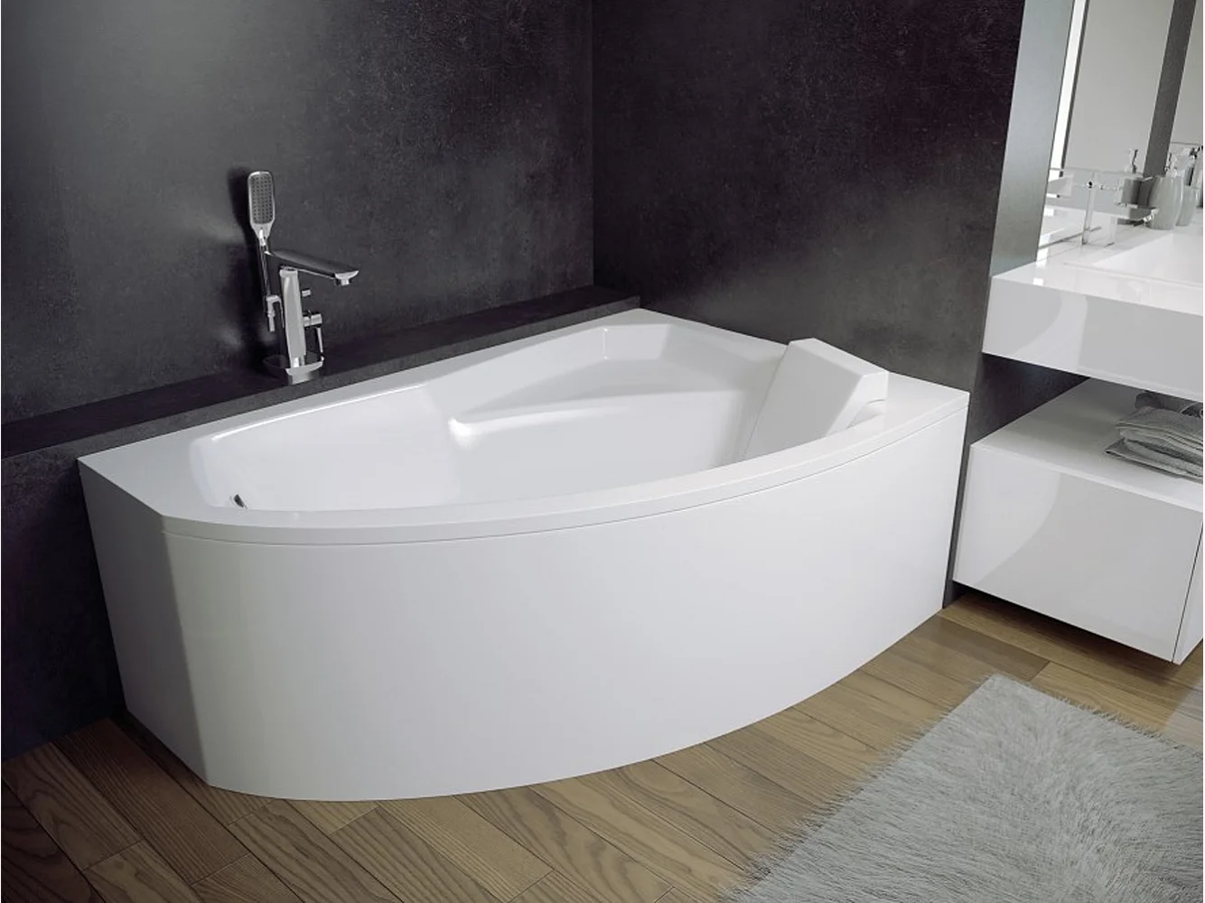 Baignoire asymétrique 130x85 Droite RIMA acrylique blanc, sans Habillage + Repose Tête + Pieds + Vidage à chromé
