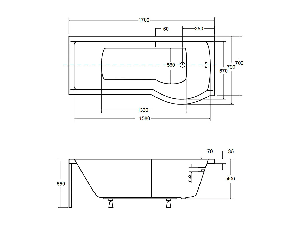 Badewanne Rechteck INSPIRO 170x70 Rechts mit Glasabtrennung  | Ablauf & Füße GRATIS !