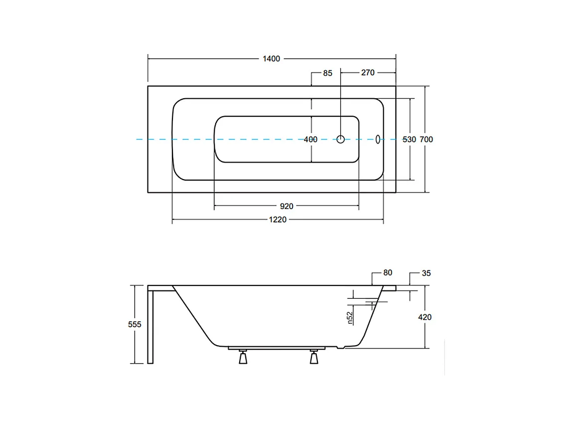 Baignoire rectangulaire 140x70 TALIA acrylique blanc + avec Tablier + Pieds + Vidage à chromé