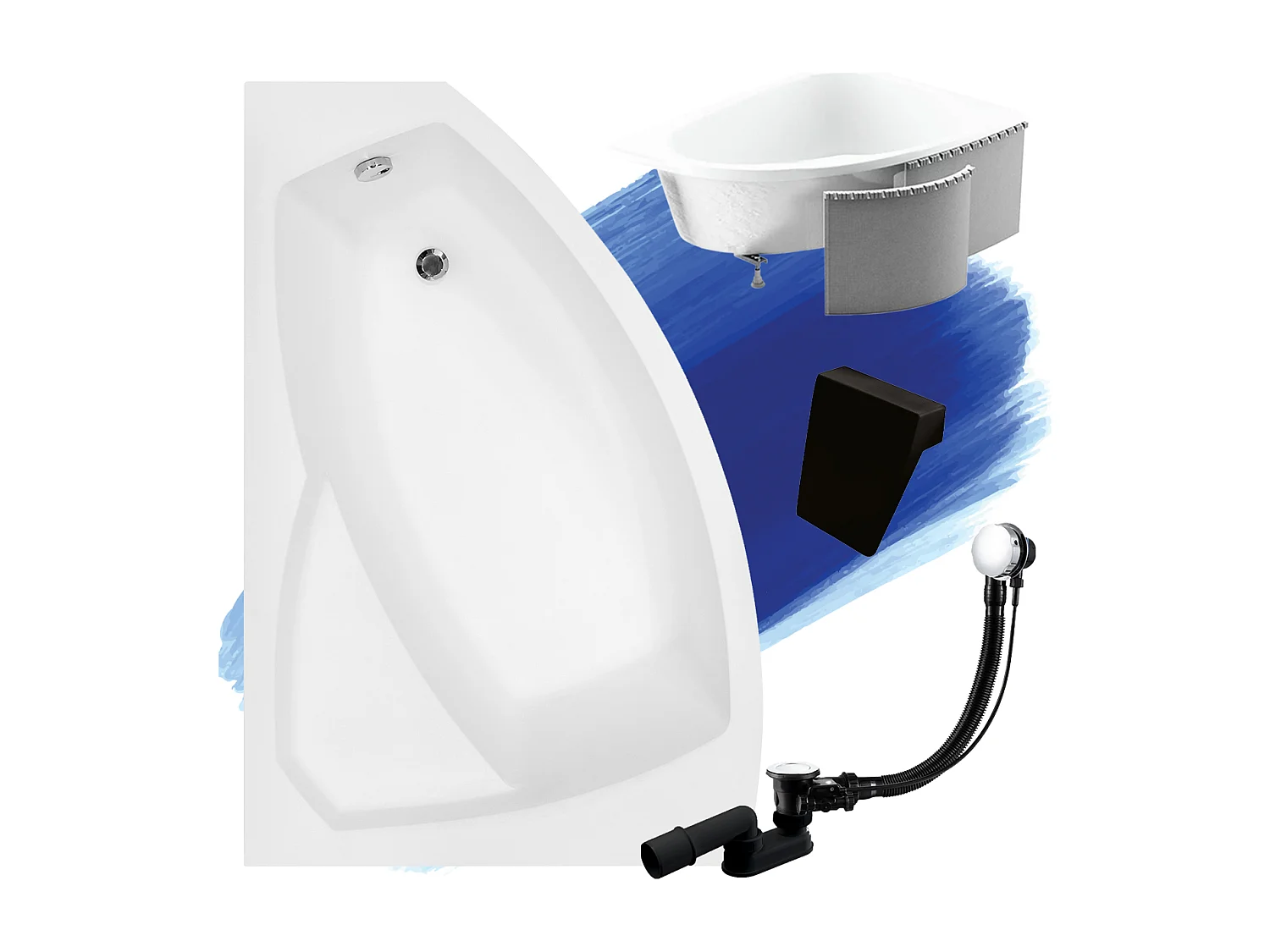 Badewanne Eckwanne RIMA 170x110 Links mit Styroporverkleidung und schwarzer Kopfstützen | Ablauf & Füße GRATIS !