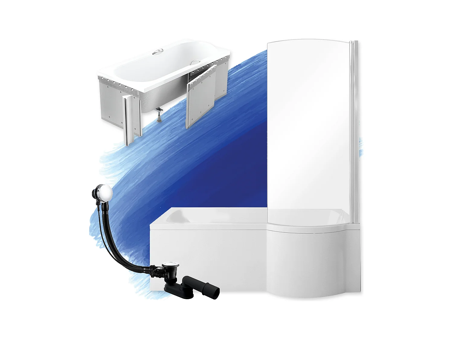 Baignoire rectangulaire 150x70 Droite INSPIRO acrylique blanc + Habillage en polystyrène + Pieds + Vidage à chromé