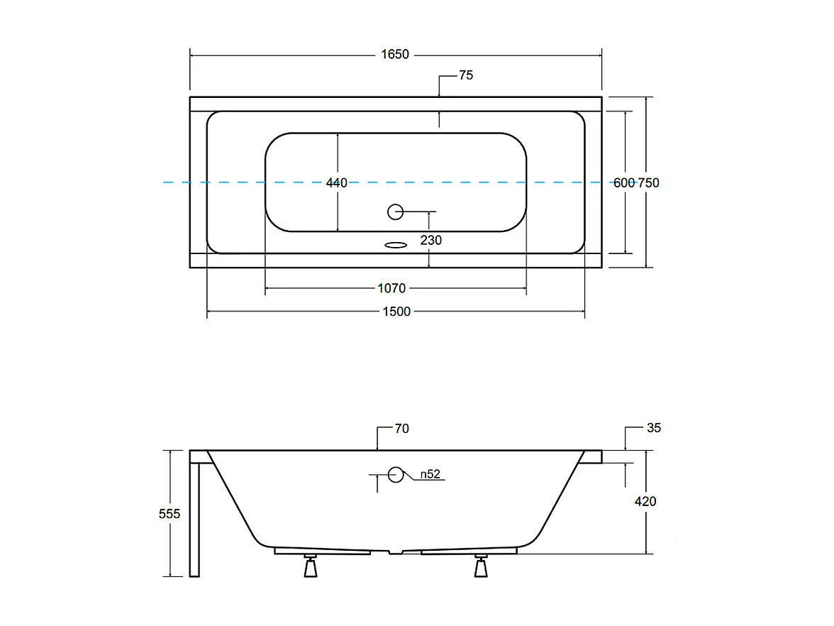 Badewanne Rechteck QUADRO 165x75 + Bambus Badewannenablage | Ablauf & Füße GRATIS !