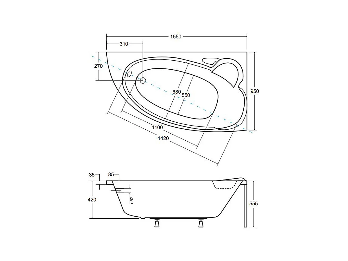 Hoekbadkuip FINEZJA 155x95 rechts met piepschuim bekleding | Afvoer &amp; voeten GRATIS!