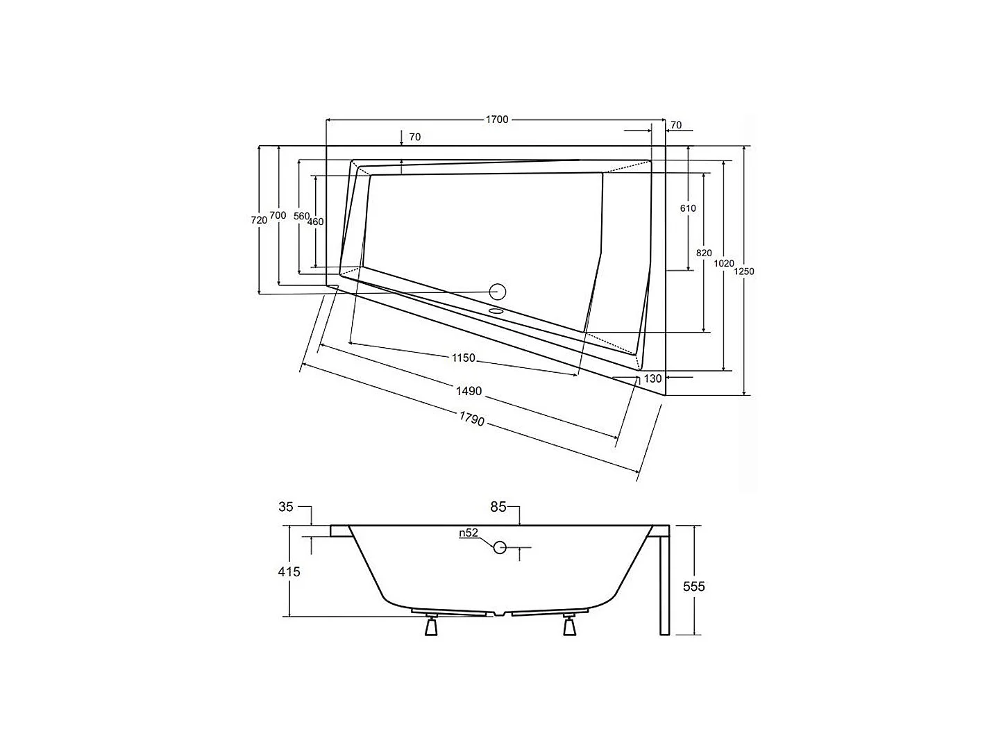 Baignoire asymétrique 170x125 Gauche INTIMA acrylique blanc + avec Tablier + Pieds + Vidage à chromé