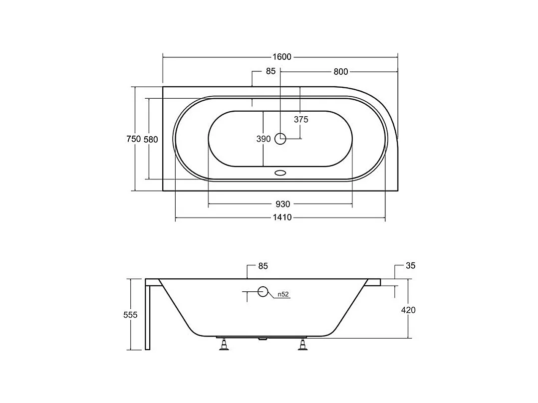 Baignoire asymétrique 160x75 Droite AVITA acrylique blanc, sans Habillage + Repose Tête + Étagère bambou + Pieds + Vidage à chromé