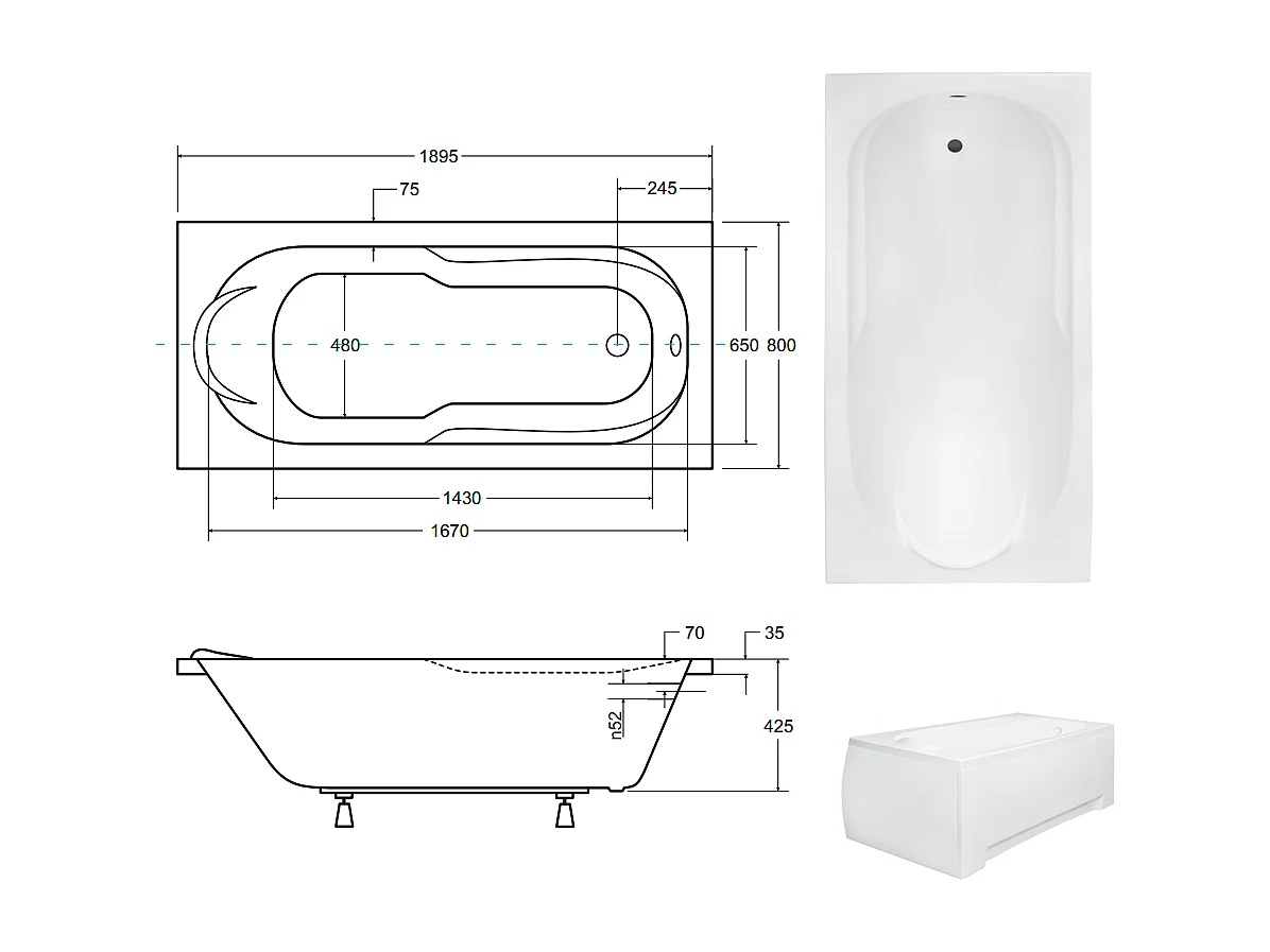 Badewanne Rechteck BONA 190x80 + Bambus Badewannenablage | Ablauf & Füße GRATIS !