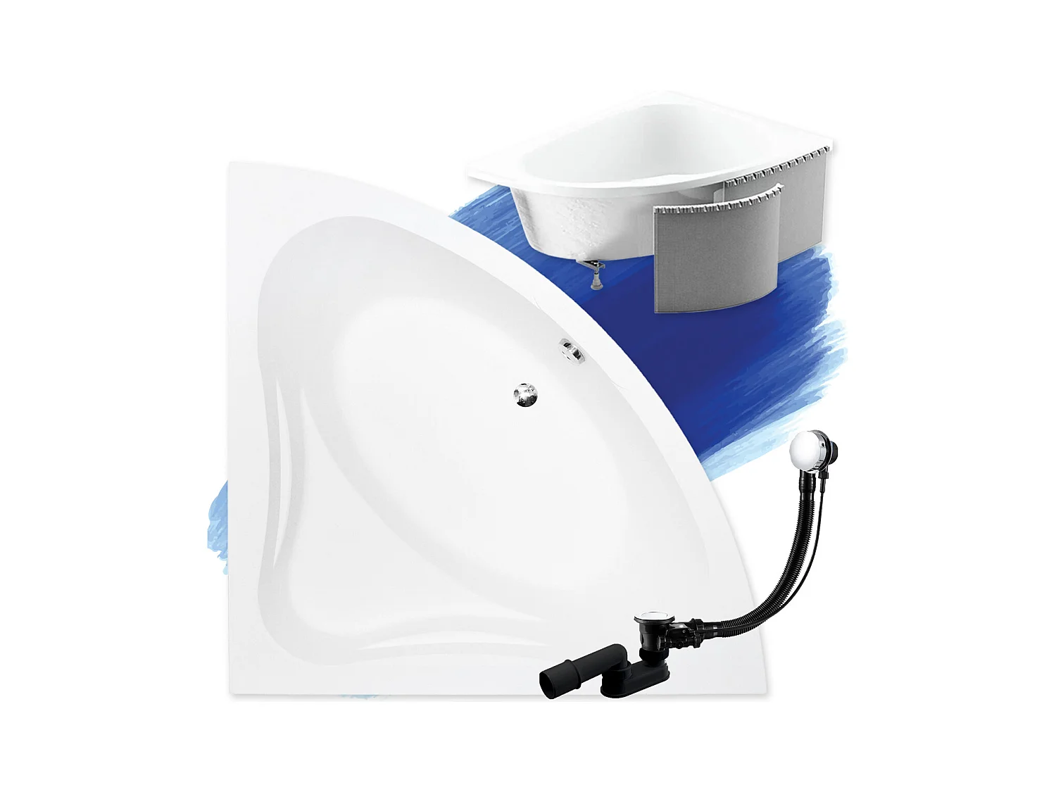 Baignoire asymétrique 130x130 MIA acrylique blanc + Habillage en polystyrène + Pieds + Vidage à chromé