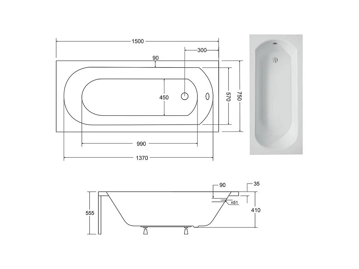 Badewanne Rechteck INTRICA 150x75 | Ablauf & Füße GRATIS !