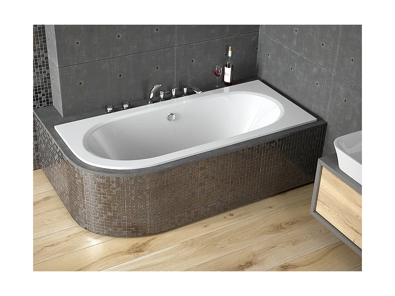 Baignoire asymétrique 150x75 Droite AVITA SLIM acrylique blanc + Habillage en polystyrène (4 cm) + Pieds + Vidage à chromé