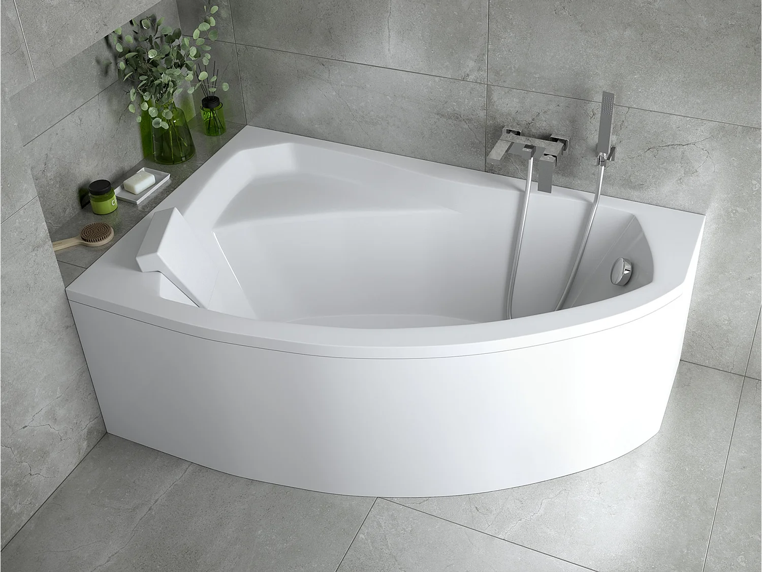 Badewanne Eckwanne RIMA 140x90 Links mit AcrylSchürze und weißer Kopfstützen | Ablauf & Füße GRATIS !