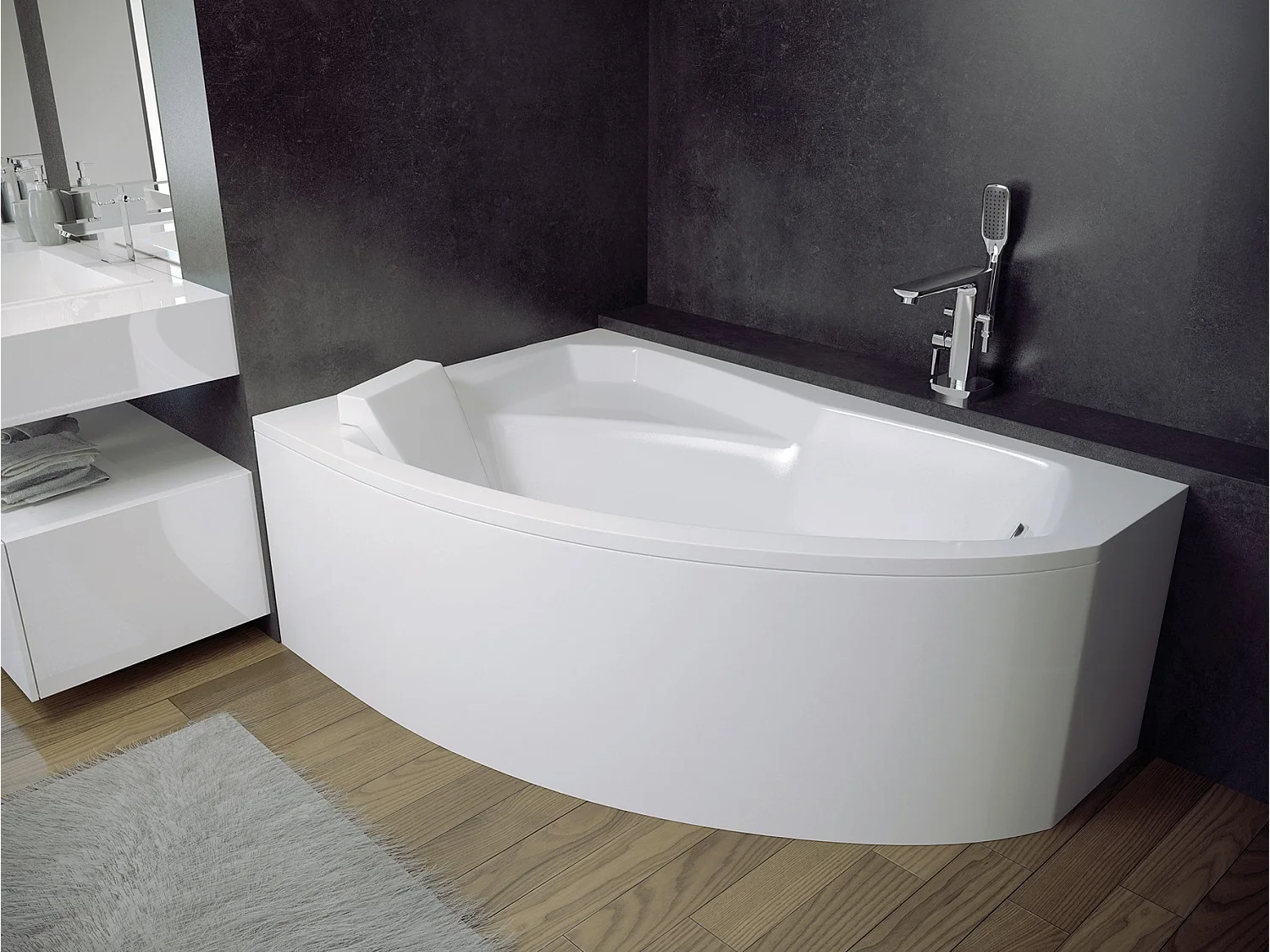 Baignoire asymétrique 140x90 Gauche RIMA acrylique blanc + avec Tablier + Repose Tête + Pieds + Vidage à chromé