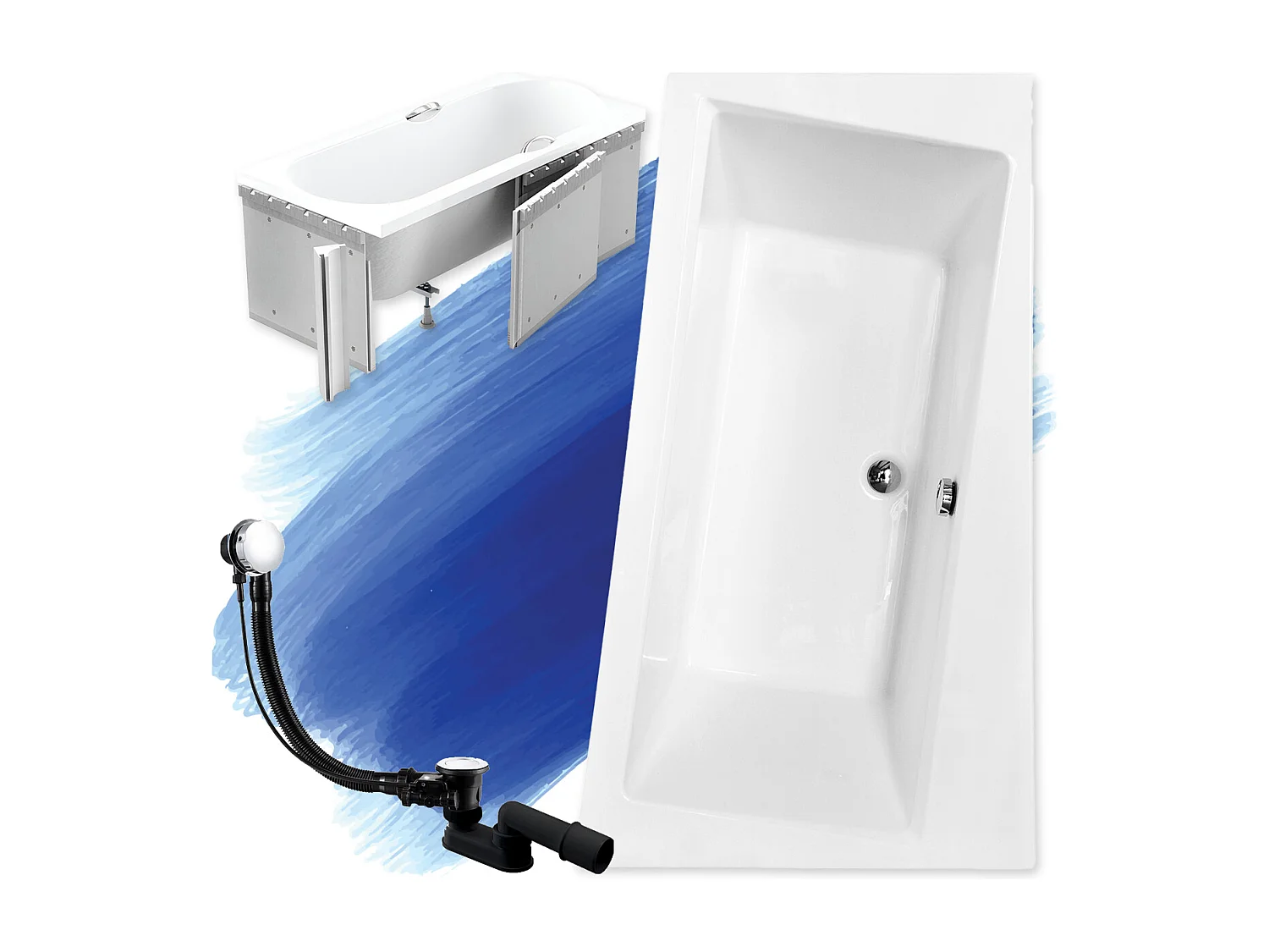 Baignoire asymétrique 170x110 Droite INFINITY acrylique blanc + Habillage en polystyrène + Pieds + Vidage à chromé