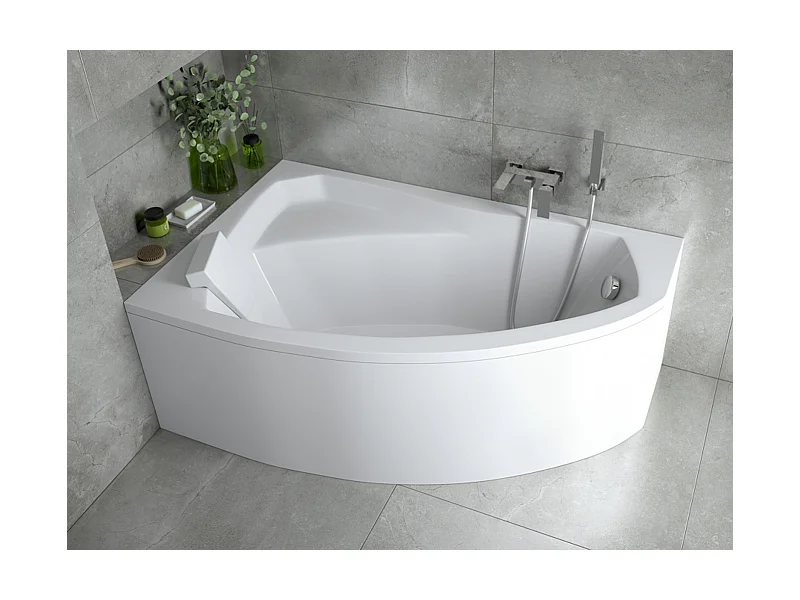 Badewanne Eckwanne RIMA 130x85 Links mit AcrylSchürze und weißer Kopfstützen | Ablauf & Füße GRATIS !