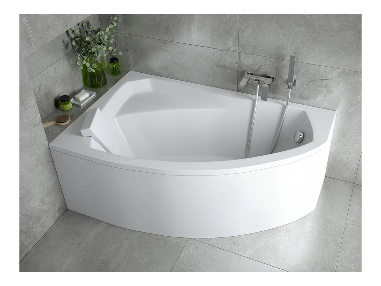 Badewanne Eckwanne RIMA 130x85 Links mit AcrylSchürze und weißer Kopfstützen | Ablauf & Füße GRATIS !