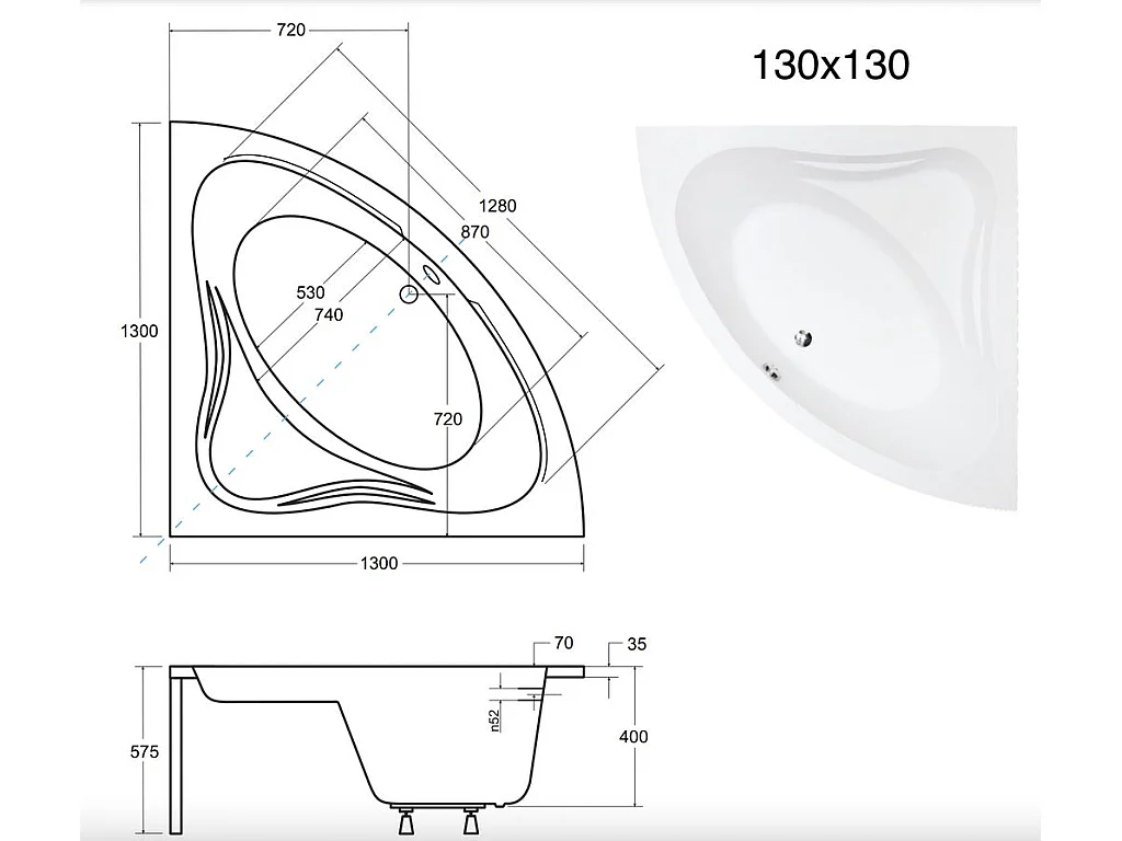 Hoekbad MIA 130x130 | Afvoer &amp; poten GRATIS!